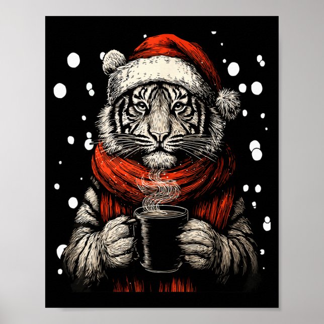 Christmas Tiger With Santa Hat Coffee Lover Funny  Poster (Vorne)