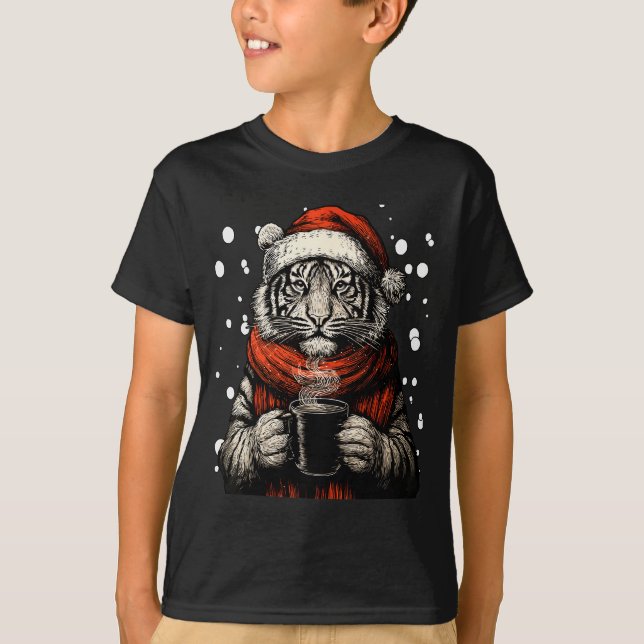 Christmas Tiger With Santa Hat Coffee Lover Funny  T-Shirt (Vorderseite)