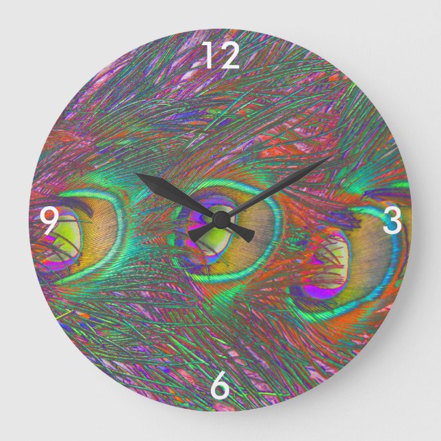 Christmas Tinsel Peacock Feathers Große Wanduhr (Vorderseite)