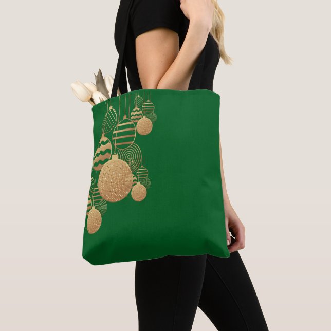 Christmas tote bag with baubles - green background (Von Nahem)