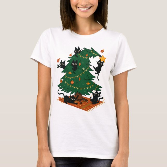 Christmas Tree And Cat T-Shirt (Vorderseite)
