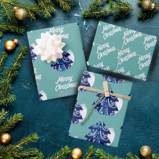 Christmas Tree Artistic Blue Merry Script Geschenkpapier Set (Von Creator hochgeladen)