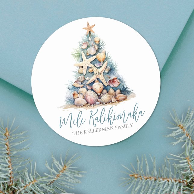 Christmas Tree Beach Mele Kalikimaka Runder Aufkleber (Christmas Tree Beach Mele Kalikimaka Classic Round Sticker )