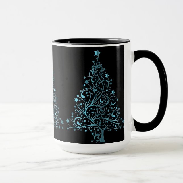 Christmas Tree Black Metallic Blue Elegante Shiny Tasse (Rechts)