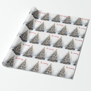 Christmas Tree Blue Gold Satin Be Merry Geschenkpapier