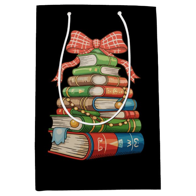 Christmas Tree Books Bow Reading Librarian Teacher Mittlere Geschenktüte (Vorderseite)