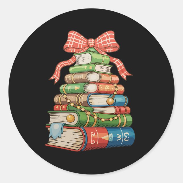 Christmas Tree Books Bow Reading Librarian Teacher Runder Aufkleber (Vorderseite)