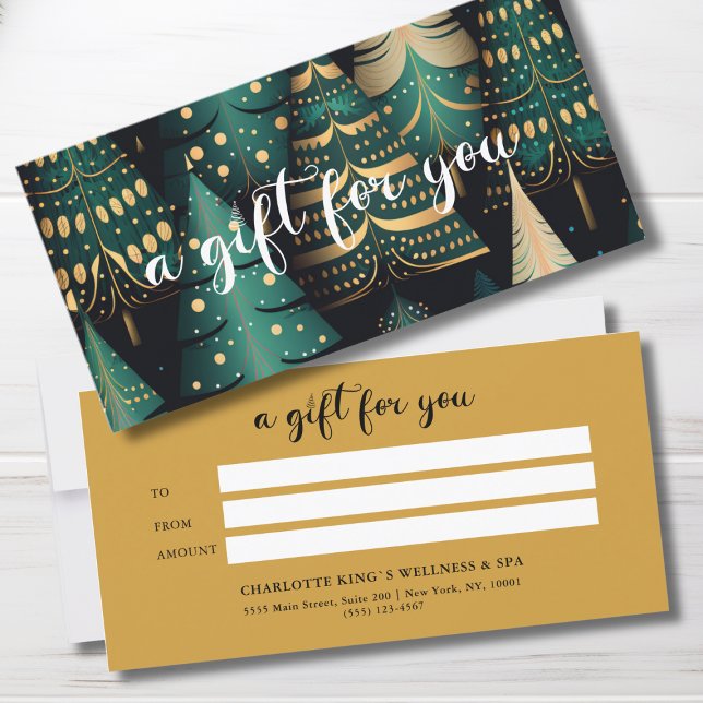 CHRISTMAS TREE BUSINESS CERTIFICCCENT Geschenk für (Salon, Christmas-Tree-Green-Gold- Script Font, Elegant, Festive, Business Gift Certificate "A gift f)