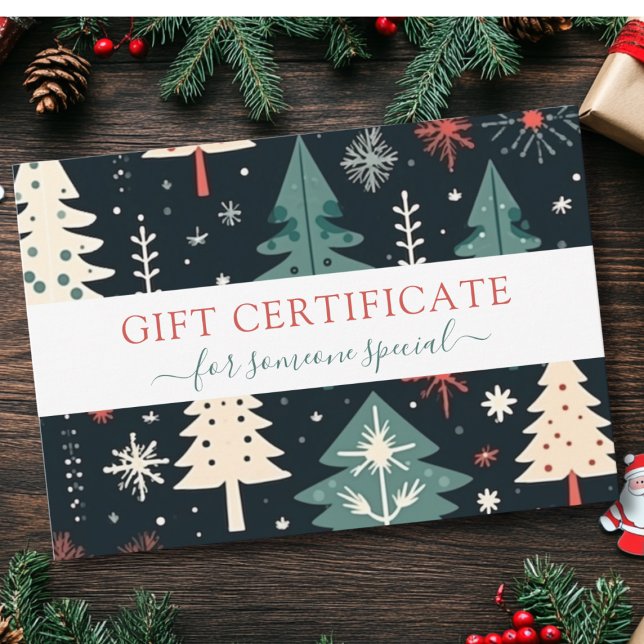 CHRISTMAS TREE BUSINESS CERTIFICCCENT Geschenk für (Modern, Christmas Trees -Green, Beige, Red, Black- Pattern, Salon, Business, Gift Certificate.)