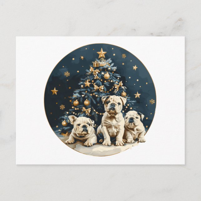 Christmas Tree English Bulldog Puppies Feiertagspostkarte (Vorderseite)