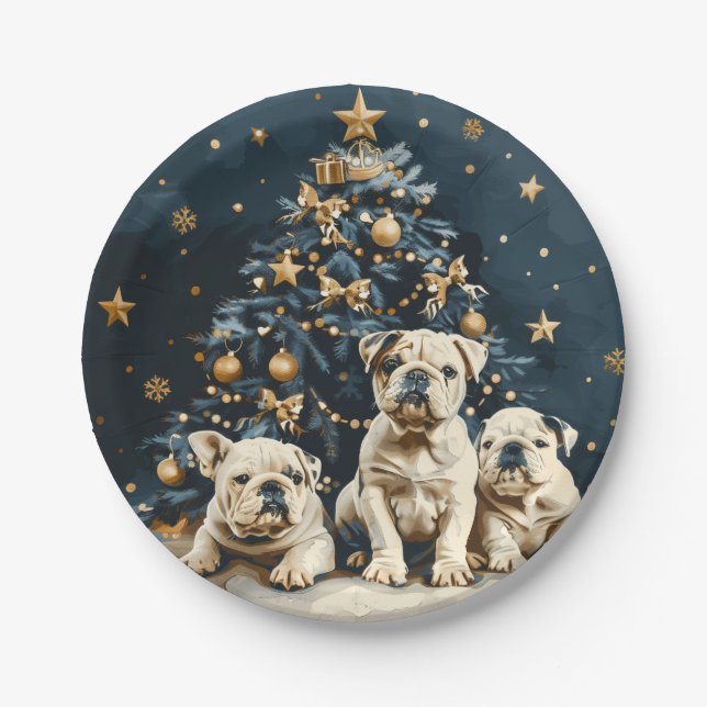 Christmas Tree English Bulldog Puppies Pappteller (Vorderseite)