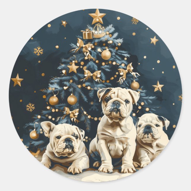 Christmas Tree English Bulldog Puppies Runder Aufkleber (Vorderseite)