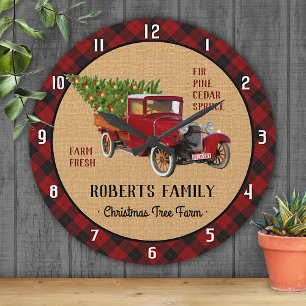 Christmas Tree Farm Vintage Truck Red Plaid Rustic Runde Wanduhr