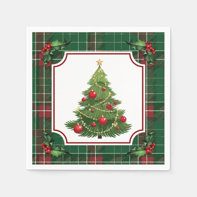 Christmas Tree Green Plaid with Holly Serviette (Vorderseite)