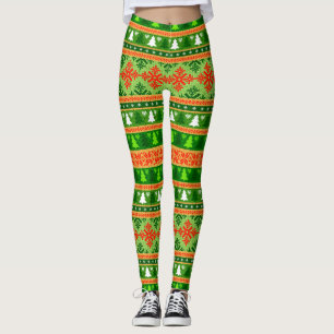 CHRISTMAS TREE GREEN WHITE RED ORNAMENTS LEGGINGS