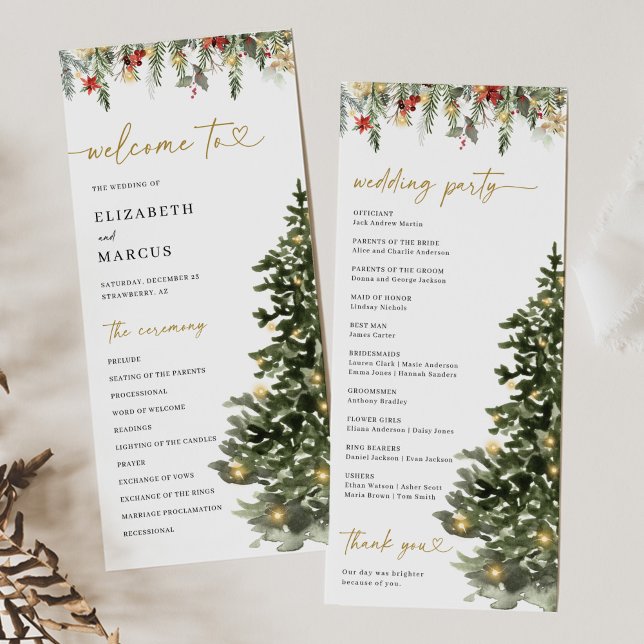 Christmas Tree Lights Pine Winter Wedding Program Programm (Christmas wedding program with watercolor pine tree and winter greenery, elegant holiday ceremony)