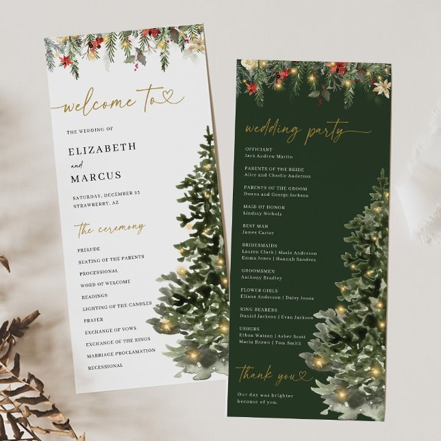 Christmas Tree Lights Pine Winter Wedding Program Programm (Christmas wedding program with watercolor pine tree and winter greenery, elegant holiday ceremony)