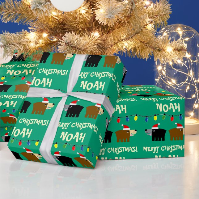 Christmas tree lights with Santa bear cartoon Geschenkpapier (Feiertage)