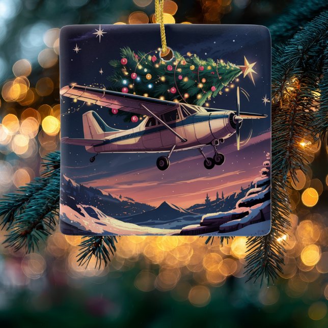Christmas Tree on Cessna Airplane Photo Funny Keramikornament (Von Creator hochgeladen)