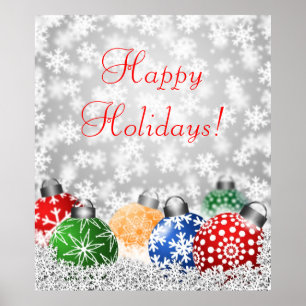 Christmas Tree Ornaments on Snowy Background Poste Poster