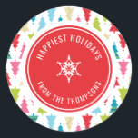 CHRISTMAS TREE PATTERN Festlich modern minimalrot Runder Aufkleber<br><div class="desc">per kat massard >>> www.simplysweetpaperie.com<<< A cute little personalized sticker that can be used for any occasion - handmade craft items for Christmas, small business, or to dress up your personal seasonal stationery. Setup as a template it is easy to customize with your own text - make it yours! >>>...</div>