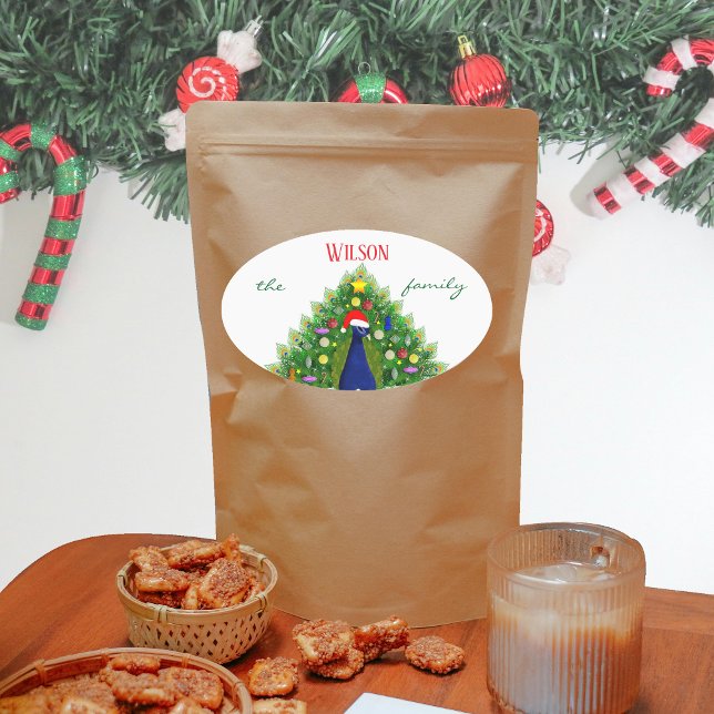 Christmas Tree Peacock Family Name Ovaler Aufkleber (Von Creator hochgeladen)