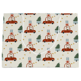 Christmas Tree Red Car Illustration Gift Bag Große Geschenktüte