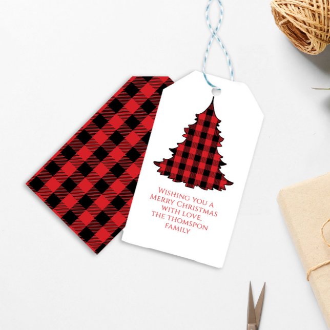 Christmas Tree Simple Cute Buffalo Check Pattern Geschenkanhänger (Simple Christmas tree buffalo check plaid pattern gift tag.)