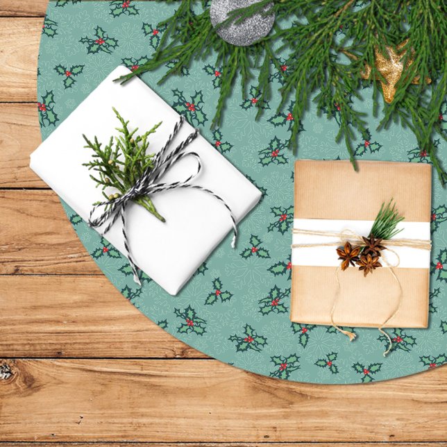 Christmas tree skirt, holly and snowflakes on blue polyester weihnachtsbaumdecke (Von Creator hochgeladen)