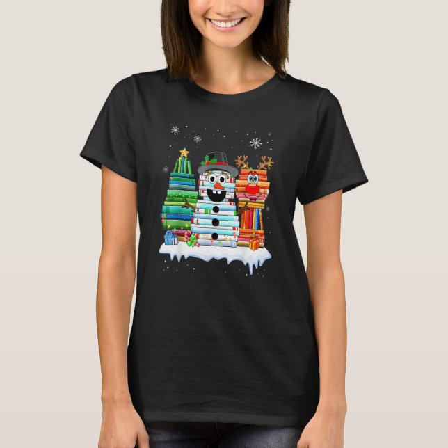 Christmas Tree Snowman Reindeer Book Stack Librari T-Shirt (Vorderseite)