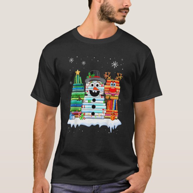 Christmas Tree Snowman Reindeer Book Stack Librari T-Shirt (Vorderseite)