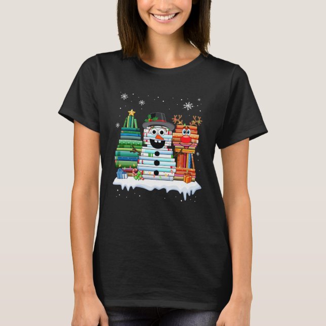 Christmas Tree Snowman Reindeer Book Stack Librari T-Shirt (Vorderseite)