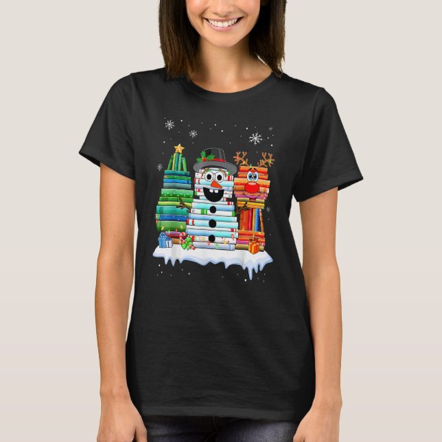 Christmas Tree Snowman Reindeer Book Stack Librari T-Shirt (Vorderseite)