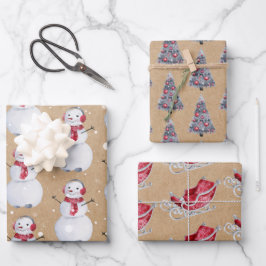 Christmas Tree Snowman Sleigh Kraft Geschenkpapier Set