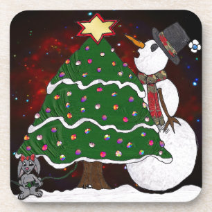 Christmas Tree Snowman Surprise Art Print Getränkeuntersetzer