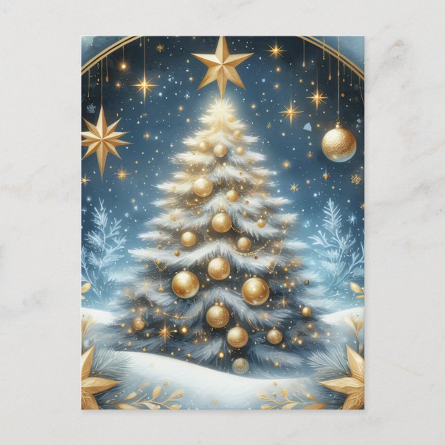 Christmas tree starry night, blues and gold design postkarte (Vorderseite)