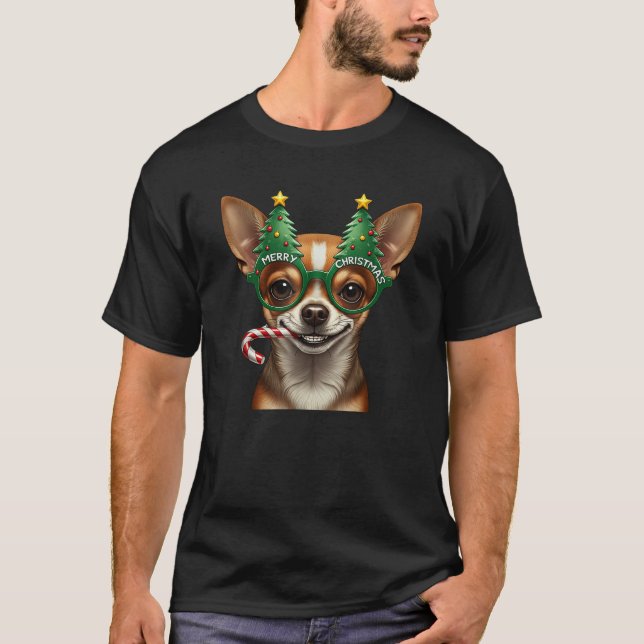 Christmas Tree Sunglasses Chihuahua Candy Cane Men T-Shirt (Vorderseite)