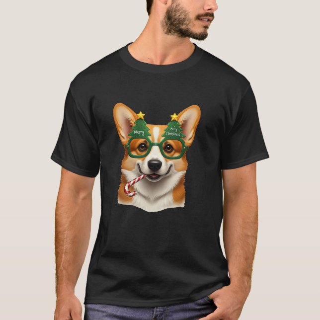 Christmas Tree Sunglasses Corgi Candy Cane Mens Wo T-Shirt (Vorderseite)