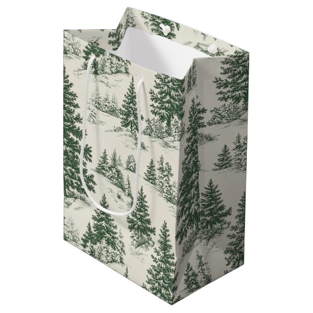 Christmas Tree Toile De Jouy Green Mittlere Geschenktüte (Vorderseite Schrägansicht)