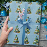 Christmas Tree Watercolor Merry Jolly Happy Blue Geschenkpapier<br><div class="desc">Weihnachtsbaum Wasserfarbe Merry Jolly Happy Blue Wrapping Papier. Glücklich,  fröhlich,  fröhlich Wünsche und deinen Familiennamen - fügen Sie Ihren Text hinzu. Künstlerische Aquarell zeichnend von einem bunten Weihnachtsbaum auf blauem Hintergrund mit weißen Schneeflocken. Festliches Design für Ihre Weihnachtsgeschenke.</div>