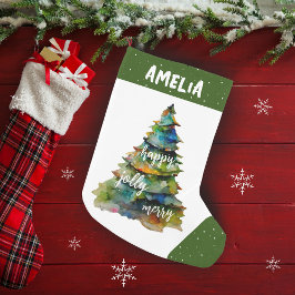 Christmas Tree Watercolor Merry Jolly Happy Kleiner Weihnachtsstrumpf