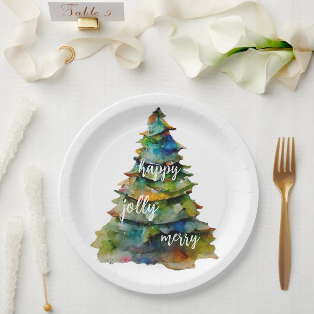 Christmas Tree Watercolor Merry Jolly Happy Pappteller (Hochzeit)
