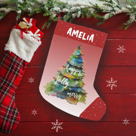 Christmas Tree Watercolor Merry Jolly Happy Red Kleiner Weihnachtsstrumpf