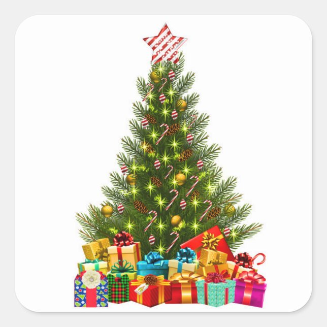 Christmas tree with decorations and gift boxes quadratischer aufkleber (Vorderseite)