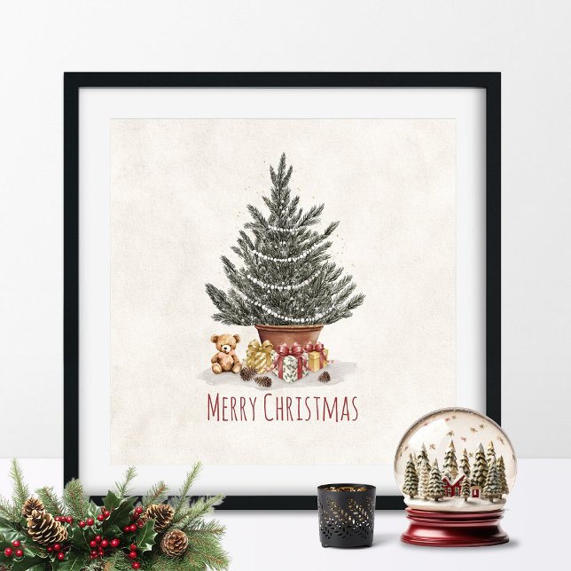 Christmas Tree With Gifts and Teddy Bear Print Poster (Christmas Tree Wall Art)