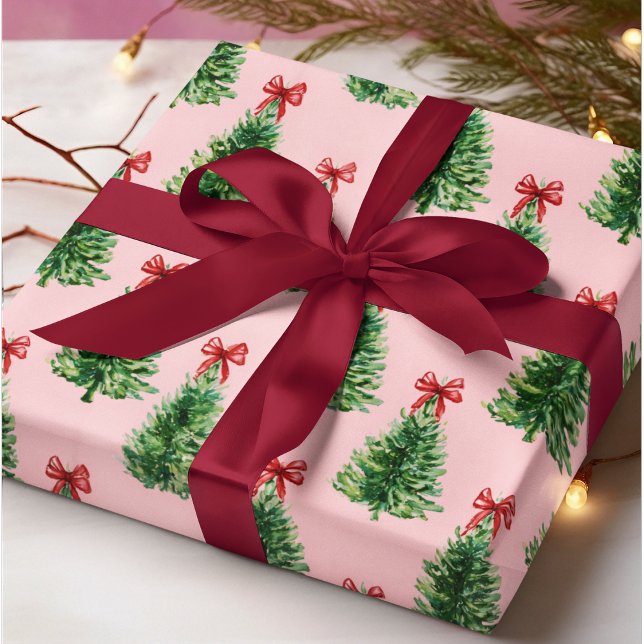 Christmas Tree with Red Bow | Pink Wrapping Paper Geschenkpapier (Von Creator hochgeladen)