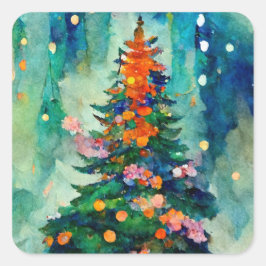 Christmas Tree with sparkly lights w/ snowy trees  Quadratischer Aufkleber