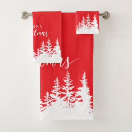 Christmas Trees Bath Towel Set Red and White