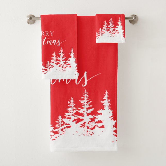 Christmas Trees Bath Towel Set Red and White (Insitu)