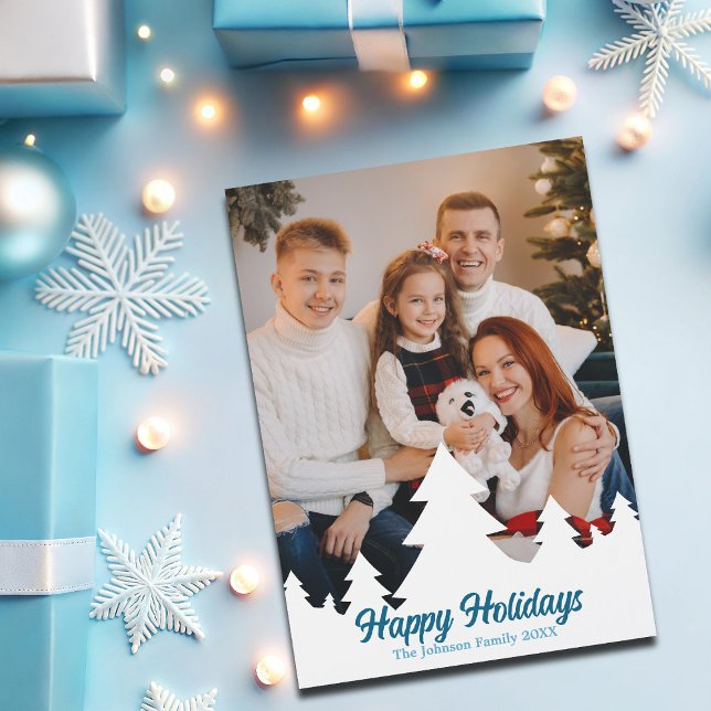 Christmas Trees Foto Blue Script Magnet Card (Von Creator hochgeladen)